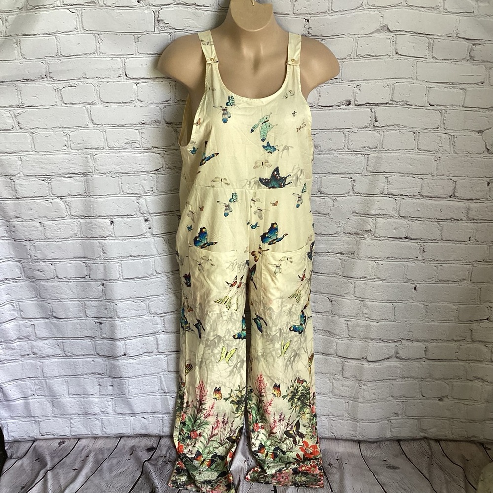 Womens XL Long Yellow Pink Blue Butterfly Overalls